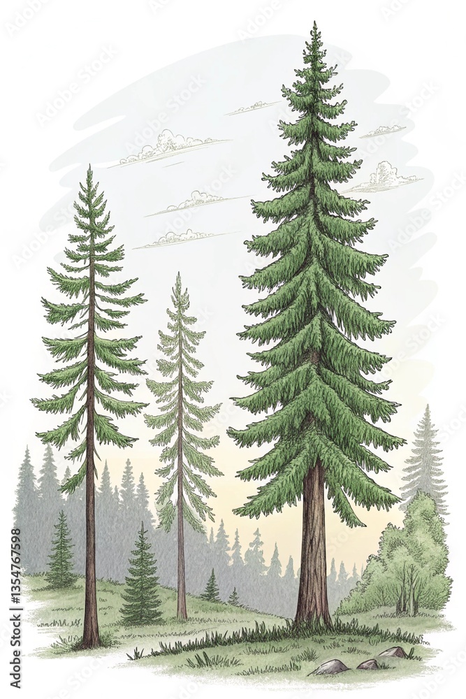 Fototapeta premium Pine tree foggy landscape ,mountain, landscape, sky, mountains, nature, fog, forest,