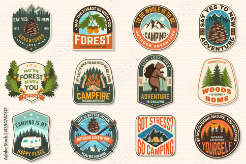 Set of logo, badge design with inspirational adventure quotes. Concept for shirt or logo, print, stamp or tee with oak leaf and acorns, pin forest, hiking poles, deer. Vector illustration.