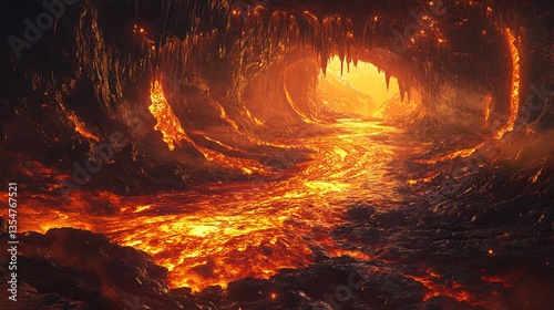 A river of molten lava flowing through a vast cavern.