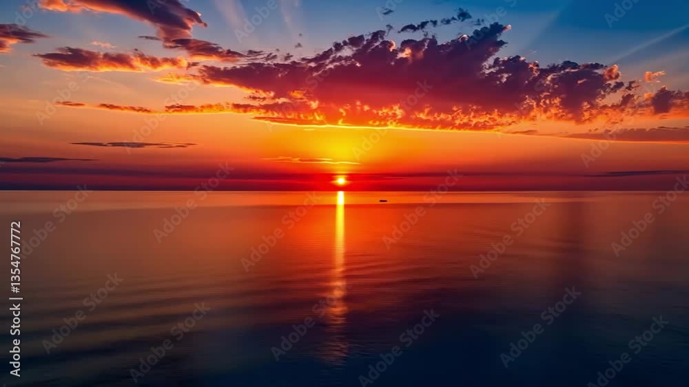 Vibrant Sunset Over Calm Water with Colorful Sky, Reflections on Surface, Natural Beauty, Tranquil Evening, Serene Atmosphere, Relaxation and Peace Vibrant Sunset Over Calm Water with Colorful Sky, Reflections on Surface, Natural Beauty, Tranquil Evening, Serene Atmosphere, Relaxation and Peace
