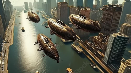 Airships Soaring Over a Futuristic Cityscape