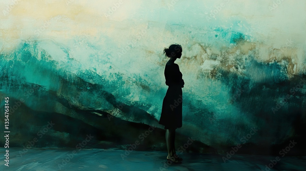 Obraz premium Silhouette of a Woman Against a Teal Abstract Painting