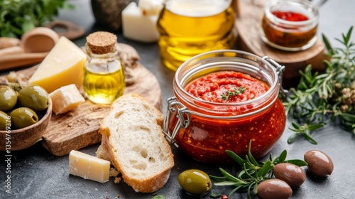 Homemade Serbian ajvar served with crusty bread, olives, and cheese in rustic Balkan decor