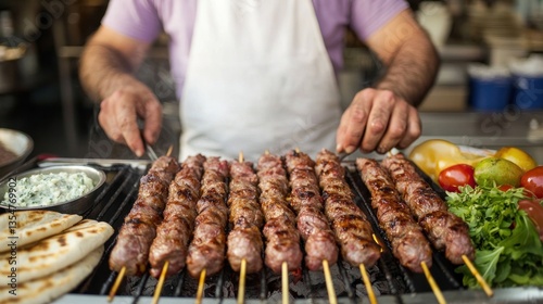Fototapeta Naklejka Na Ścianę i Meble -  Street food preparation by vendor in athens greece savory skewers and vibrant ingredients in action