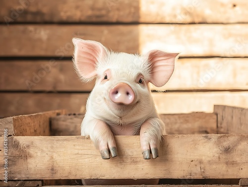 Piglet in Wooden Crate for Farm Background.