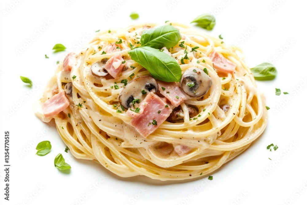 Delicious Spaghetti Carbonara with Mushrooms Ham and Basil on White Delicious Spaghetti Carbonara with Mushrooms Ham and Basil on White