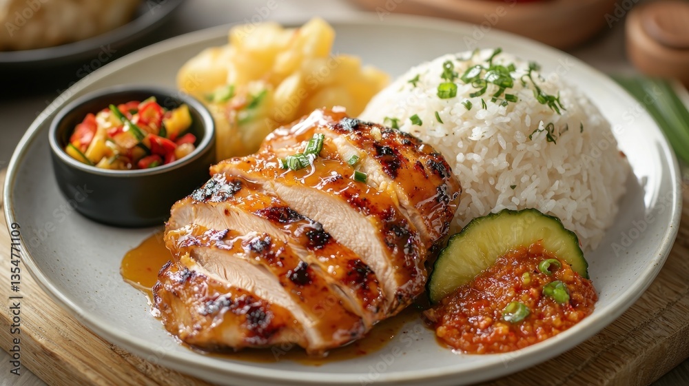 A plate of Bruneian-style chicken rice, featuring steamed rice infused with pandan and coconut milk, served with honey-glazed chicken, sambal belacan, and a side of pickled pineapples. A plate of Bruneian-style chicken rice, featuring steamed rice infused with pandan and coconut milk, served with honey-glazed chicken, sambal belacan, and a side of pickled pineapples.