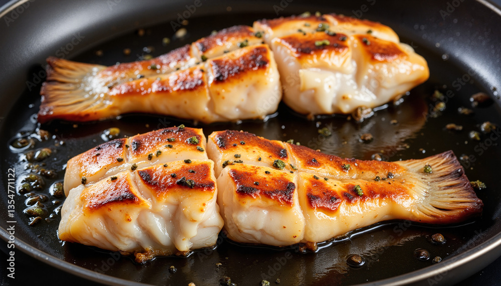 Grilled fish fillet in frying pan, culinary mishap concept Grilled fish fillet in frying pan, culinary mishap concept