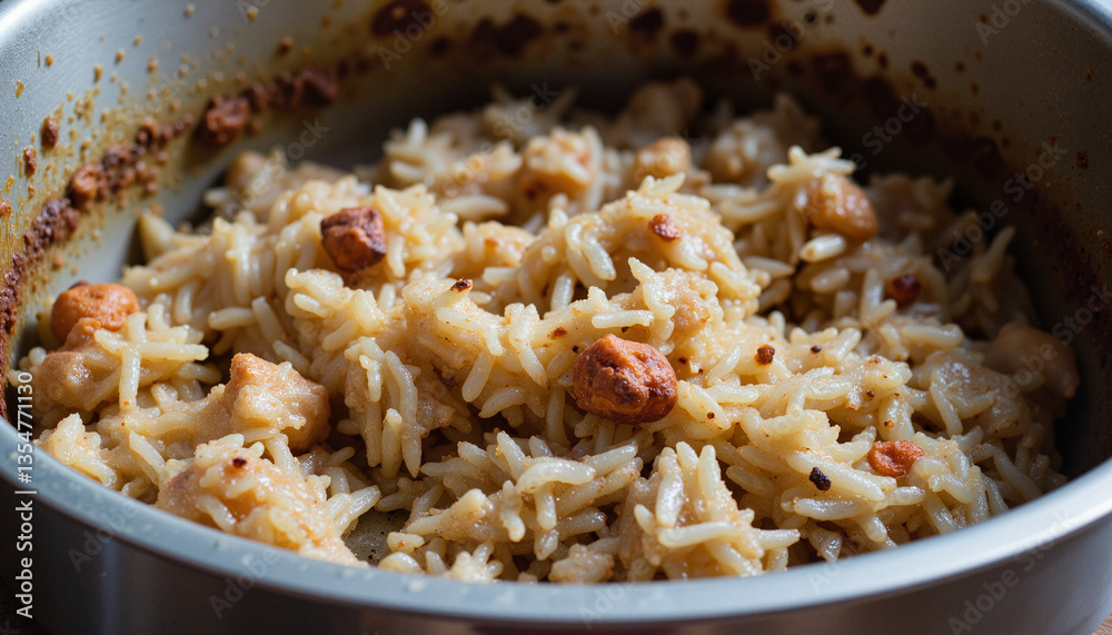 Burnt rice clumped in pot, culinary mishap and reminder of cooking care Burnt rice clumped in pot, culinary mishap and reminder of cooking care