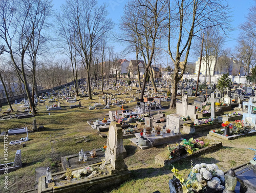 Obraz na płótnie Cmentarz zwany cmentarzem na górce w mieście Żagań w zachodniej Polsce. Widać stare nagrobki, niebo jest bezchmurne. w salonie