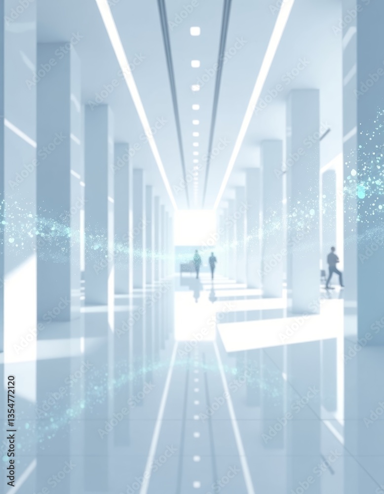 Minimalist White Office 3D Render with Glowing Blue Data Streams, Conceptual Digital Transformation Illustration for Modern Workflow and Data Management, 4K Resolution Minimalist White Office 3D Render with Glowing Blue Data Streams, Conceptual Digital Transformation Illustration for Modern Workflow and Data Management, 4K Resolution