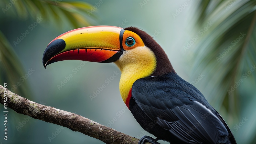 Fototapeta premium Toucan Looking Sideways from a Branch with Sharp Detailed Beak and Soft Blurred Tropical Background
