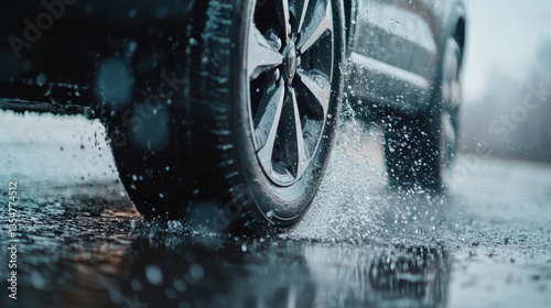 close up shot of car tire splashing water wet road, showcasing dynamic movement and energy of driving rainy conditions. droplets create dramatic effect, emphasizing tire grip and performance