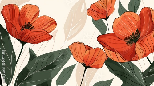 Elegant orange flowers and foliage on cream background