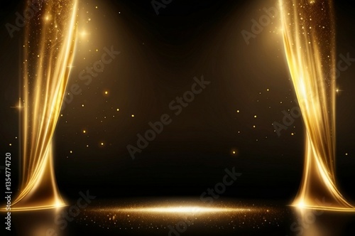 A luxurious event stage with multiple golden spotlights beaming down onto a polished wooden floor and black background