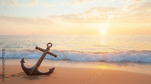 Anchor at Dawn: A rustic anchor rests on a sandy shore, framed by the serene expanse of the sea as the sun rises. A visual metaphor for grounding and hope.