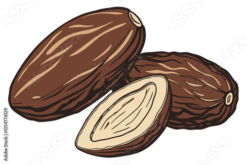 14 Macro photograph, single ripe date fruit, rich brown color, glossy skin, elongated shape, soft wrinkles, natural texture, white background, studio lighting, high detail, food photography, 8K resolu