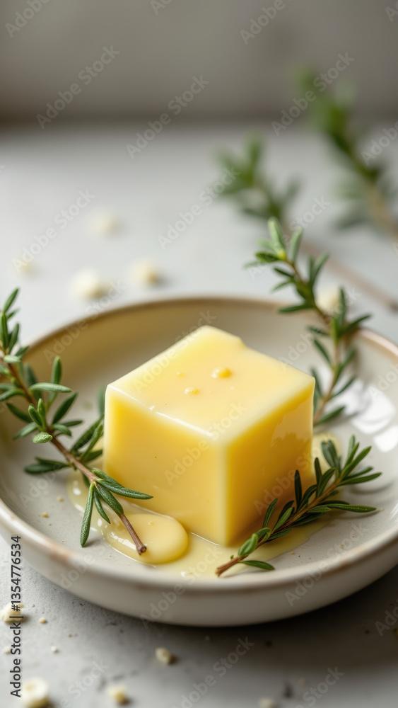 A block of rich yellow beef tallow on a plate with herbs and a garnish, suggesting its culinary use. A block of rich yellow beef tallow on a plate with herbs and a garnish, suggesting its culinary use.