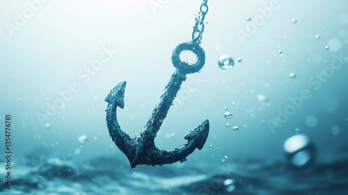 Anchor's Embrace: A weathered anchor, suspended underwater with a chain, embodies stability amidst the deep blue, bubbles dance around it, hinting at unseen depths and the pull of the unknown.