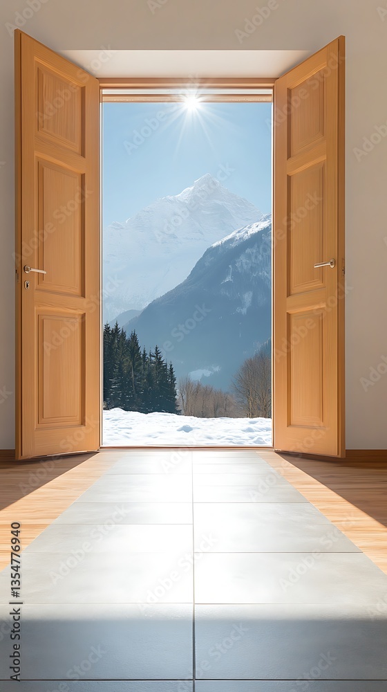 Fototapeta premium Open Door to Snowy Mountain View.