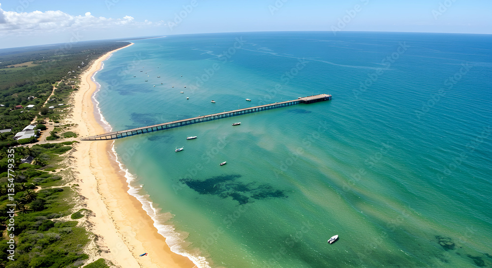 Fototapeta premium Aerial View of Beach with Pier Stretching Into Turquoise Ocean Water