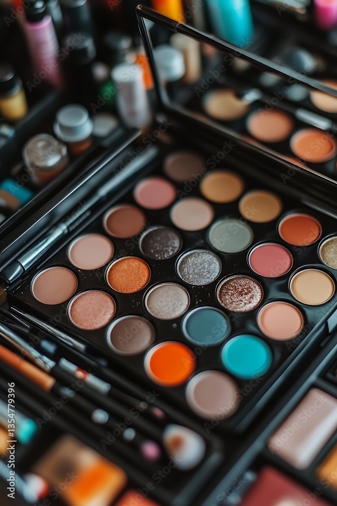 A colorful eyeshadow palette with makeup brushes and accessories nearby A colorful eyeshadow palette with makeup brushes and accessories nearby