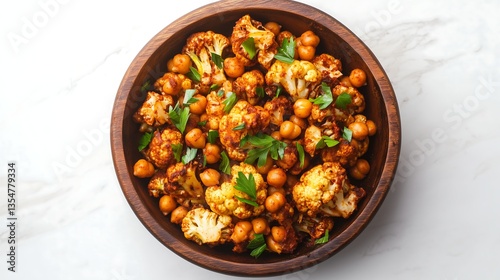 Fototapeta Naklejka Na Ścianę i Meble -  Roasted cauliflower with spiced chickpea and parsley on top in wooden round bowl, top down view, white background