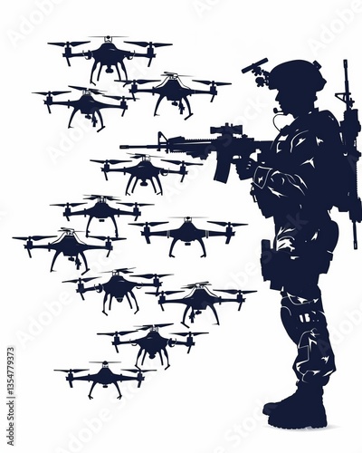 Silhouette of a soldier operating drones for military combat and surveillance missions