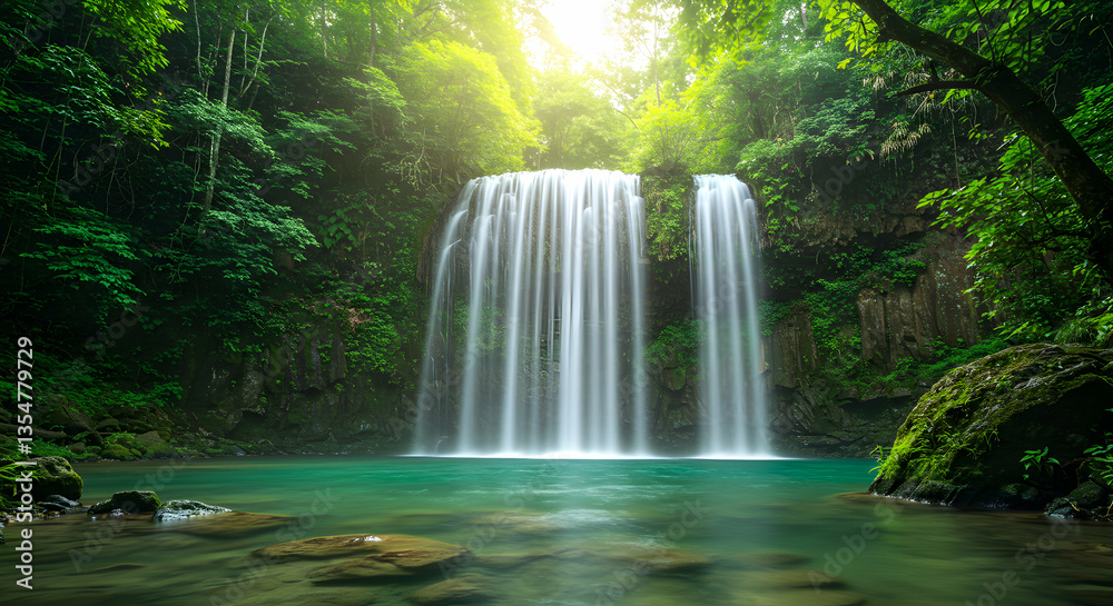 Cascading Waterfall Plunging Into Turquoise Pool in Lush Green Forest