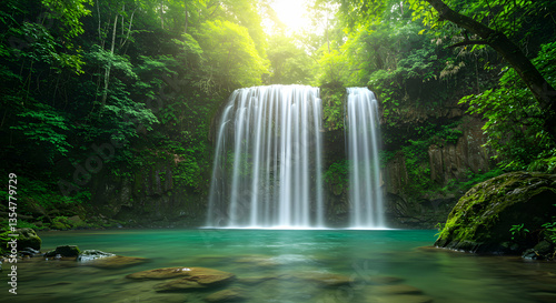 Cascading Waterfall Plunging Into Turquoise Pool in Lush Green Forest