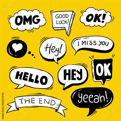 Set cute speech bubble vector illustration. Hand drawn chat bubble doodle. Suitable for comic element