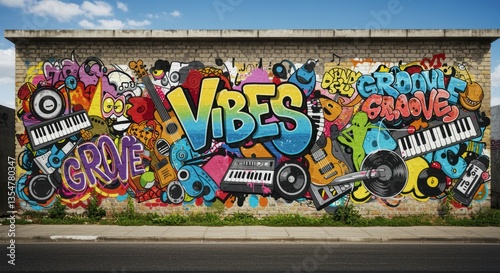 A vibrant street mural filled with musical themes, showcasing colorful graffiti art of instruments like guitars and keyboards. The words 'Vibes' and 'Groove' create a lively atmosphere.