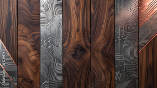 Rich walnut wood panels intricately inlaid with etched silver and copper, a modern masterpiece of texture and design, showcasing a luxurious and sophisticated aesthetic.