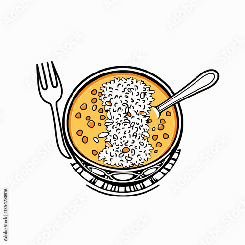 black outline vector of Nepalese dal bhat lentil soup with rice served on a traditional plate isolated on a white background