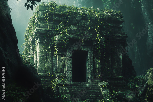 An ancient temple in the jungle, partially covered in vines. photo