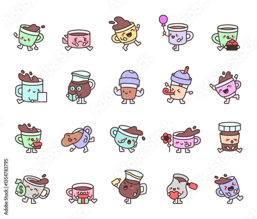 Cute kawaii coffee cups with funny cartoon characters for coffee lovers, cafes, baristas, desserts, drinks, emotions, celebrations, breakfast, happiness, creativity
