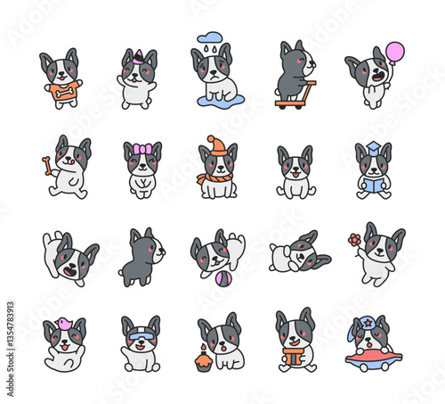 Cute kawaii boston terrier dog characters with happy cartoon emotions for fun, joy, entertainment, expressions, lifestyle, activity, creativity, playful, cheerful, friendly, smiling