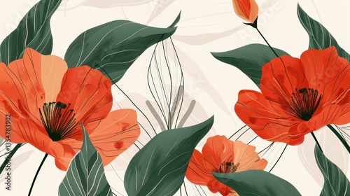 Floral design with orange poppies, leaves, and abstract background.  Possible use wallpaper, fabric
