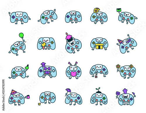 Cute kawaii gamepad characters with happy cartoon emotions for fun, joy, entertainment, expressions, lifestyle, activity, creativity, playful, cheerful, friendly, smiling, mood
