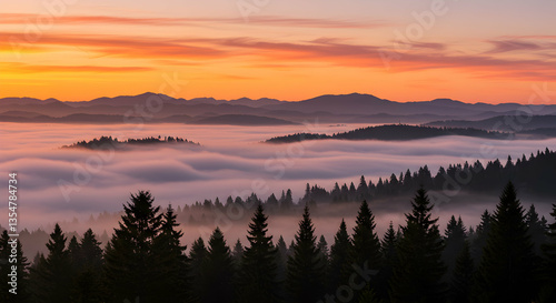 Misty Valley Landscape with Forest and Mountains at Colorful Sunrise