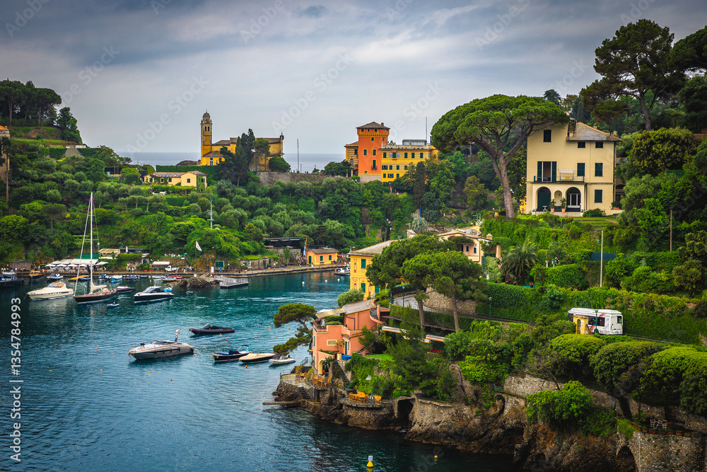 Spectacular bay of Portofino with anchored boats, Liguria, Italy