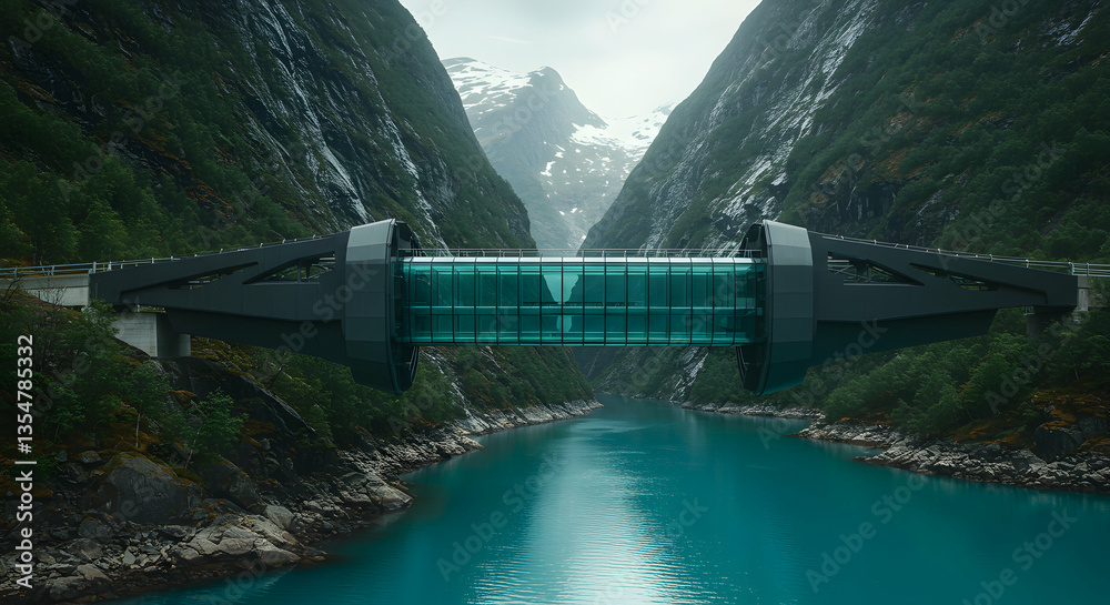 Fototapeta premium Modern Bridge Over Turquoise River Between Green Mountains Landscape View