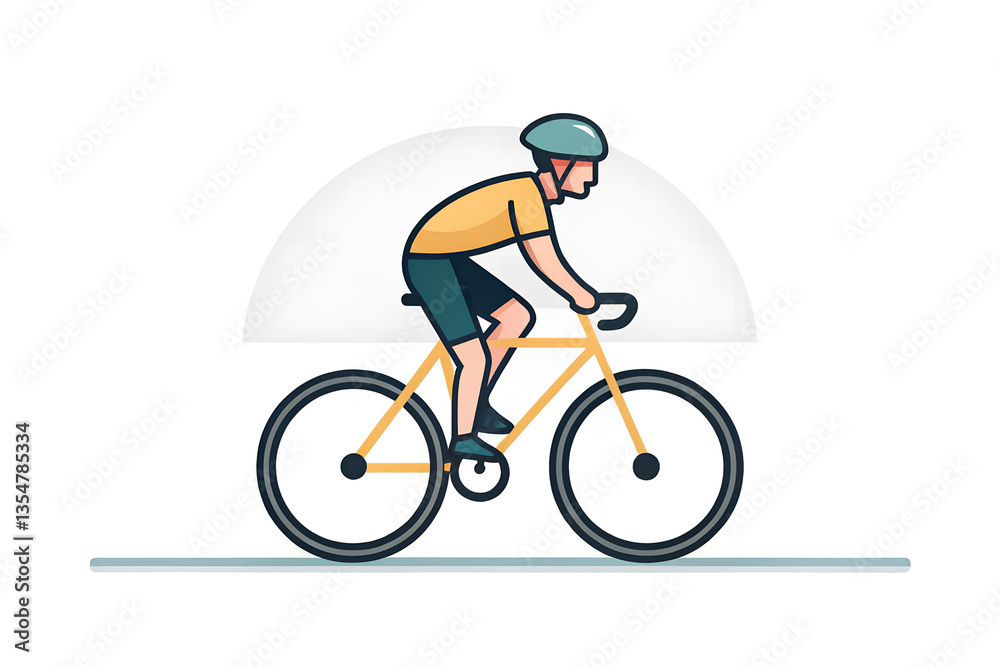 Fototapeta premium This illustration showcases a cyclist in motion, pedaling on a bike with a sleek design. The rider wears a helmet and a sporty outfit, emphasizing safety and health. A gentle curve in the background 