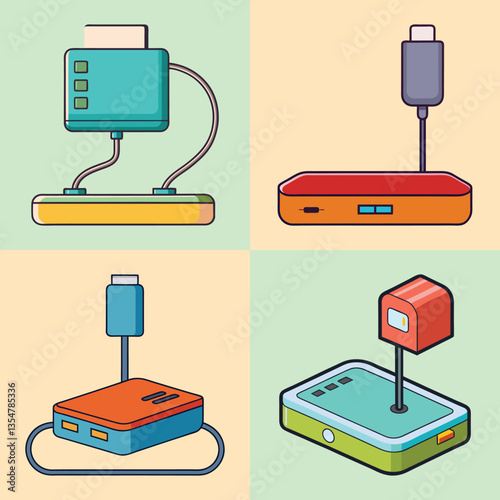 Collection of Colorful Electronic Gadgets and Power Adapters for Charging Devices