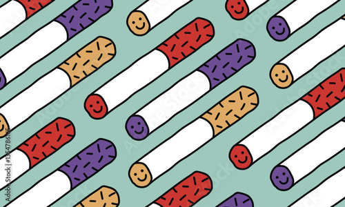 A playful, colourful pattern featuring cheerful, cartoonish sticks resembling candy or decorated cigarettes arranged diagonally on a light teal background