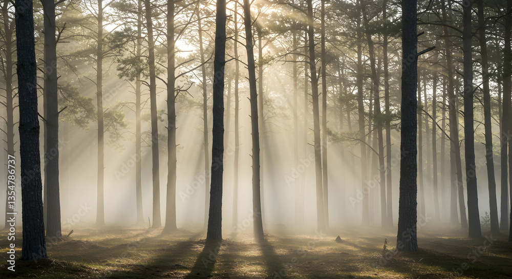 Fototapeta premium Sun Rays Streaming Through Fog in Forest Creates Ethereal Scene