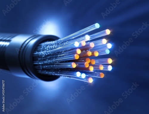 Close-up of glowing fiber optic cables transmitting data, isolated against a futuristic blue background, representing high-speed internet, communication, and technology.