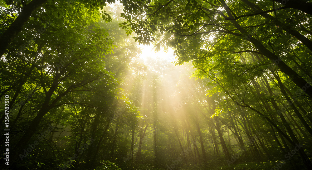 Obraz premium Sun Rays Streaming Through Green Forest Canopy Creating Ethereal Light