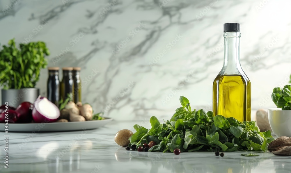 Obraz premium olive oil virgin bottle with green salad ingredients for healthy dish making in modern clean kitchen counter setup as wide banner with copy space area