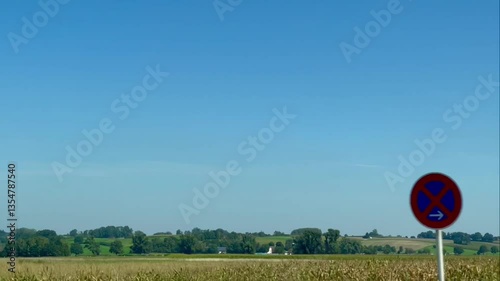 A gentle rural landscape with corn fields and scattered trees under a clear blue sky, seen while driving. A quiet and serene moment captured in motion.